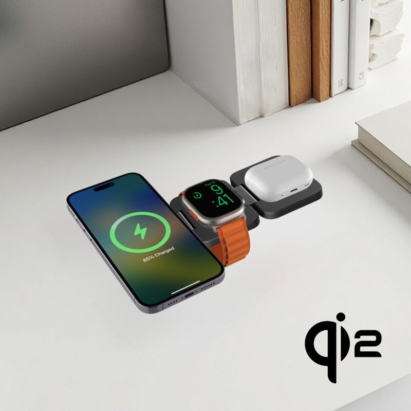 Cubenest Qi2 3 az 1-ben Összecsukható vezeték nélküli mágneses szürke töltő EQ310