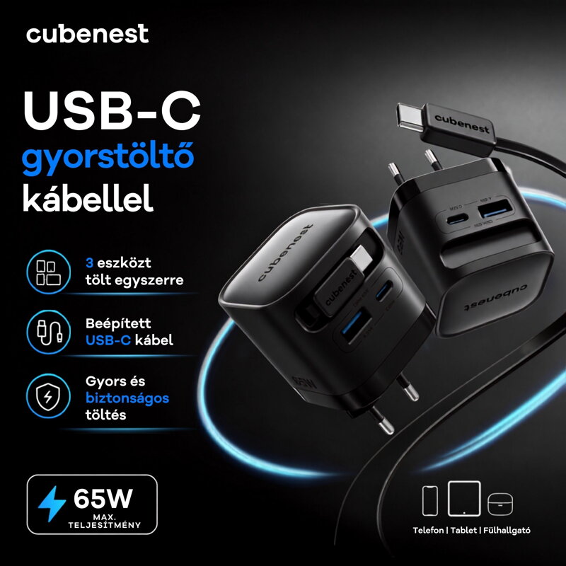 Cubenest PD GaN adapter kábellel 65W S3D2