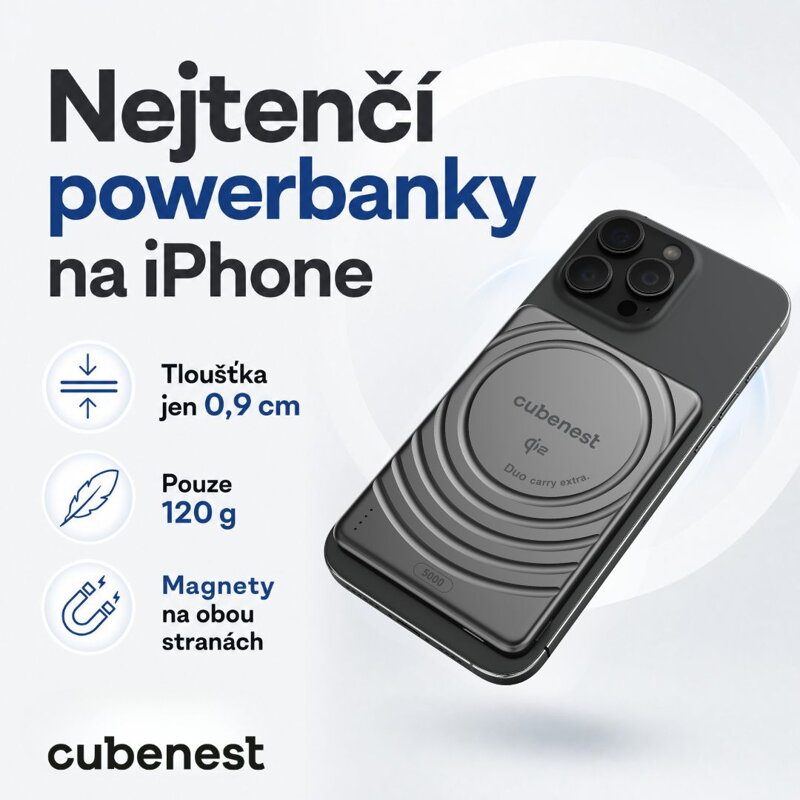 Cubenest Qi2 Vezeték nélküli mágneses fekete power bank SlimDual 5000 mAh SQ1B3D