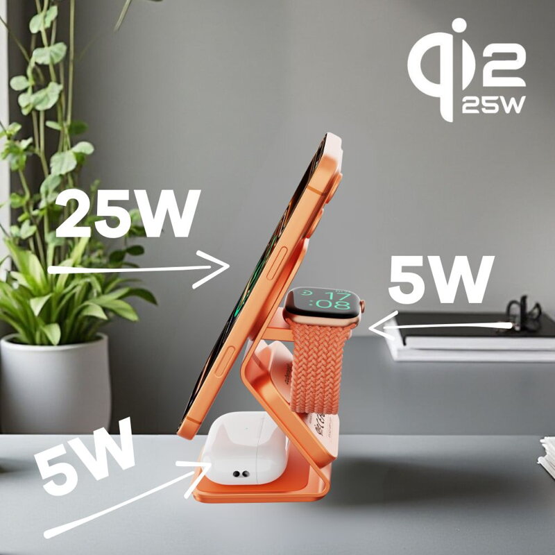 Cubenest Qi2.2 3 az 1-ben Vezeték nélküli mágneses narancssárga töltő SQ314